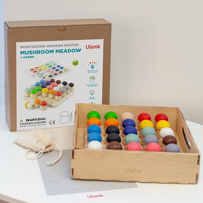 Ulanik Mushroom Glade Toddler Montessori Toys for 3 Year Old + Kids Wooden Mushrooms Game for Learning Color Sorting and Counting Preschool Education β 25 pcs