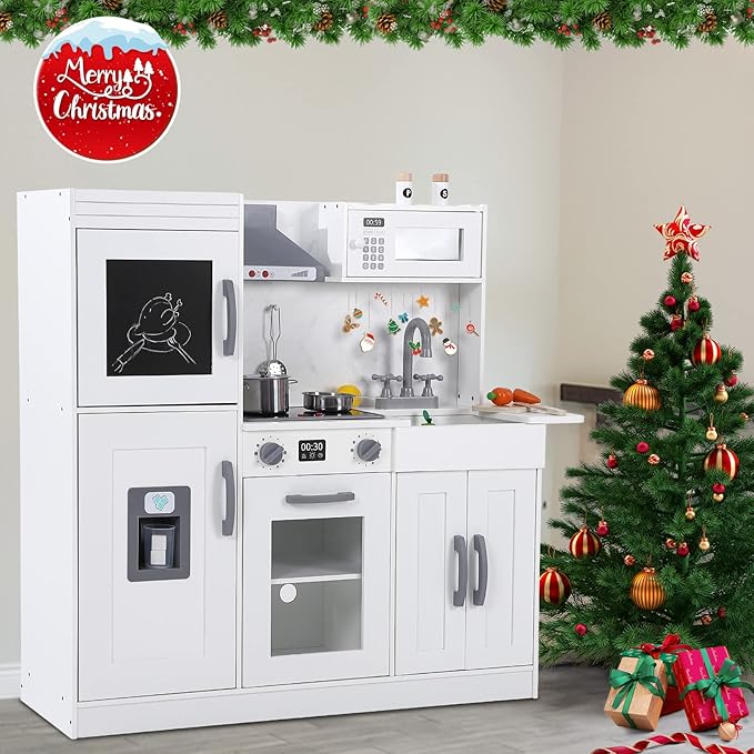 Bophy Kids Kitchen Playset, Wooden Chef Pretend Play Set with 20 PCS Cookware Accessories, Wooden Cookware Pretend with Ice Maker, Microwave, Oven, Range Hood, Sink, Real Lights & Sounds,White