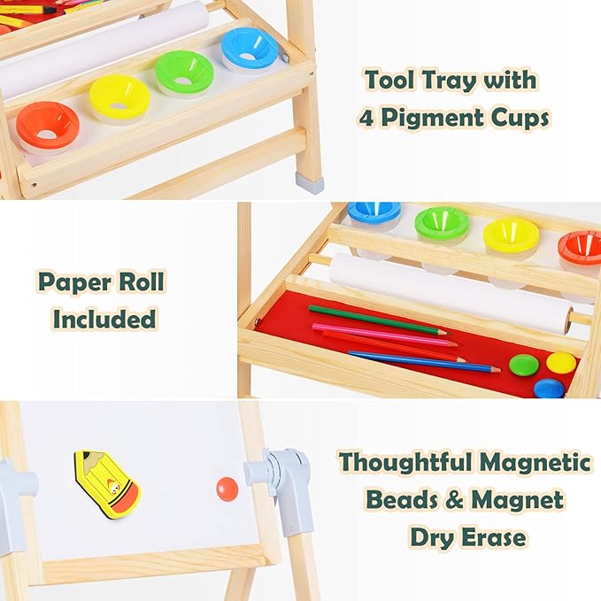 XCSOURCE Art Easel for Kids, 360°Rotating Adjustable Toddler Easel, Double Sided Wooden Kids Easel Drawing Board with Magnetic Chalkboard, Dry Erase White Board & Paper Roll Paint Art Set for Kids 2+