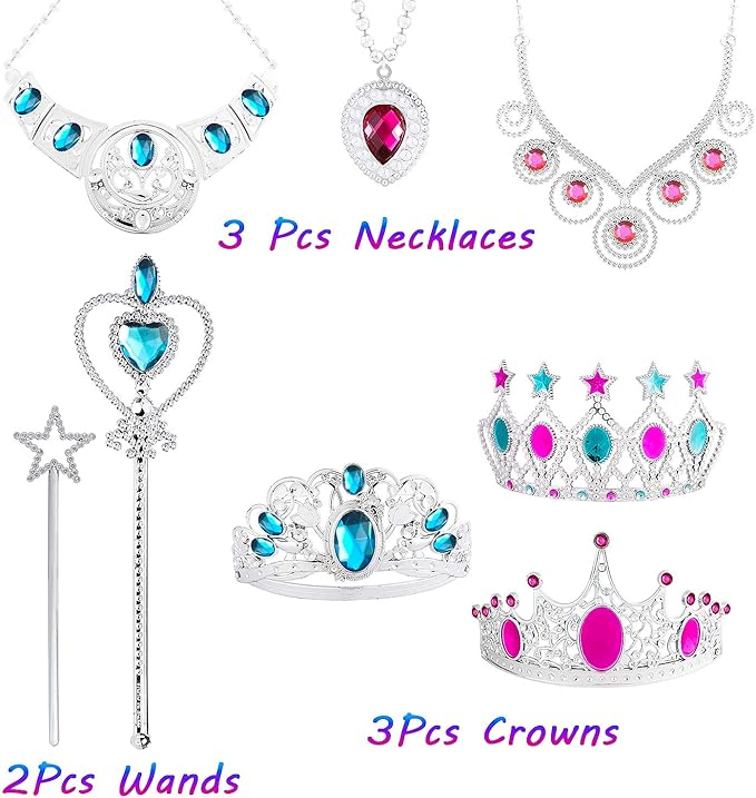 WATINC 52Pcs Princess Jewelry Toy Pretend Play Capes Cloaks Ballet Tutu Skirts for Little Girls Crowns Necklaces Jewel Rings Earrings Bracelets Wands Cape Shawl Costume Dress Up Accessories for Kids