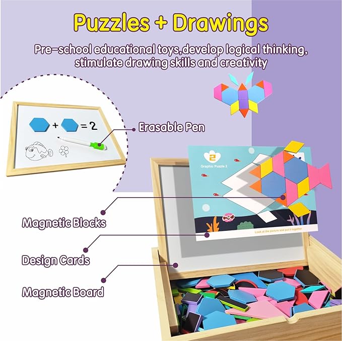 Wooden Pattern Blocks Set, 231 PCS Magnet Pattern Blocks, a Pattern Book and 9 Double-Sided Puzzle Cards, Tangrams for Kids Ages 3+, Early Math Geometric Shapes Concepts Learning Resource