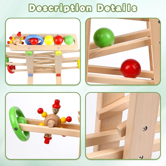 Qilay Wooden Wooden Race Track Toddler Toys for 1-3 Year Old Boy and Girl, Wooden Car Ramp Racer Toy Vehicle Set with 4 Balls & 5 Race Tracks