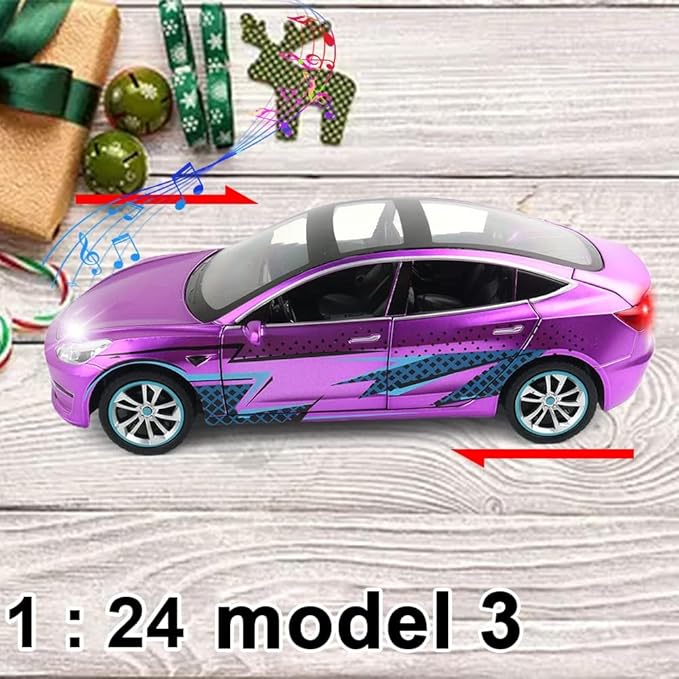 1:24 Scale Model 3 Alloy Car Model Diecast Toy Vehicles for Kids, Car Model Toy,Pull Back Alloy Car with Lights and Music Girls.(1:24 Model 3 -Purple)