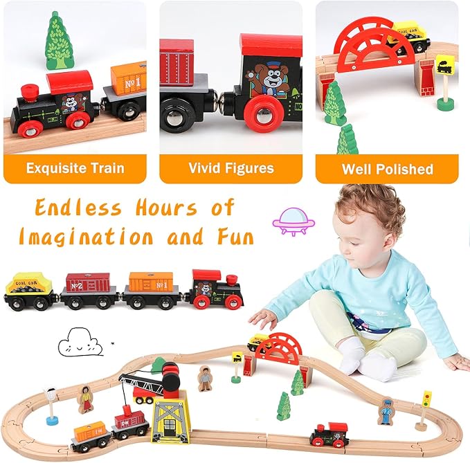 Qilay Wooden Train Set for Toddler - 39 Pcs Wooden Train Tracks with Crane, Bridge & 5 Wooden Trains 3,4,5 Year