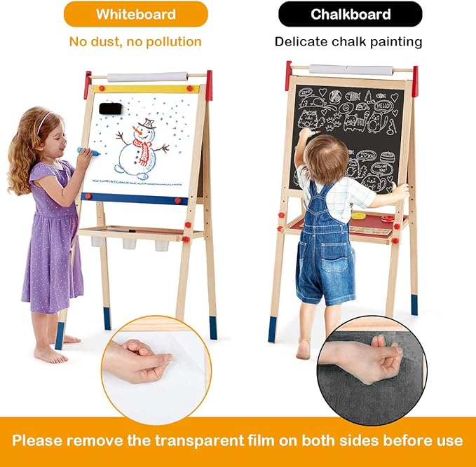 Costzon 3 in 1 Kids Art Easel with Paper Roll, Double Sided Dry Erase Chalkboard & Whiteboard, Height Adjustable Standing Easel with Storage, Painting Accessories, Magnetic Drawing Easel for Toddlers