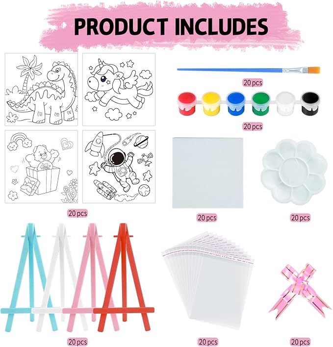 Valentines Day Gifts for Kids - Valentines Day Cards for Kids School - 20 Pack Watercolor Paint Set, Acrylic Paint Canvas Brushes Easel, Stationery Exchange for Boys Girls Class Classroom Party Favor