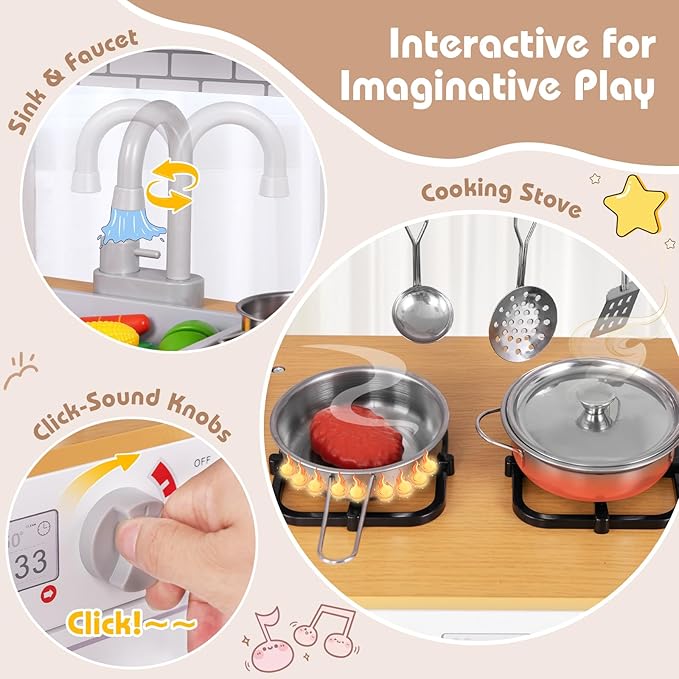 Costzon Play Kitchen for Kids, Wooden Toy Kitchen Set with Blackboard, Faucet, Sink, Oven, Microwave, Dishwasher, Accessories, Pretend Cooking Toy for Toddlers, Kids Kitchen Playset, Gift for Ages 3+
