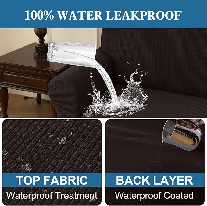 100% Waterproof Jacquard Fabric Couch Cover, Dual Layer with TPU Film, Leakproof High Elasticity Non-Slip Washable Furniture Protector for Pets, Dogs, Cats and Kids (Chair,Chocolate)