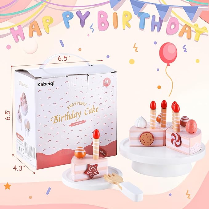 Wooden Birthday Cake Toys, DIY Pretend Play Food for Kids, Tea Party Fake Cake with Candles Plates Fork and Knife for Toddlers Ages 3 4 5 6 7 Years Old Boys Girls Gifts