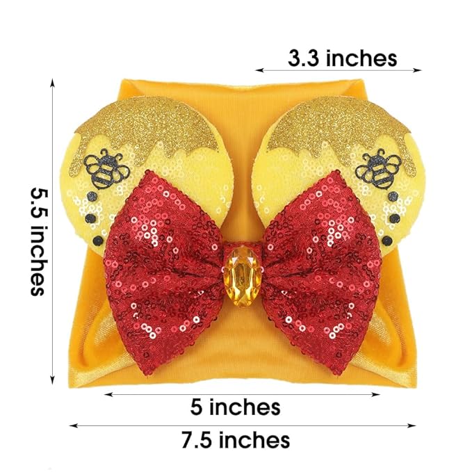 JIAHANG Baby Girl Mouse Ears Turban Headband with Bee, Yellow Sequin Bows Headwrap