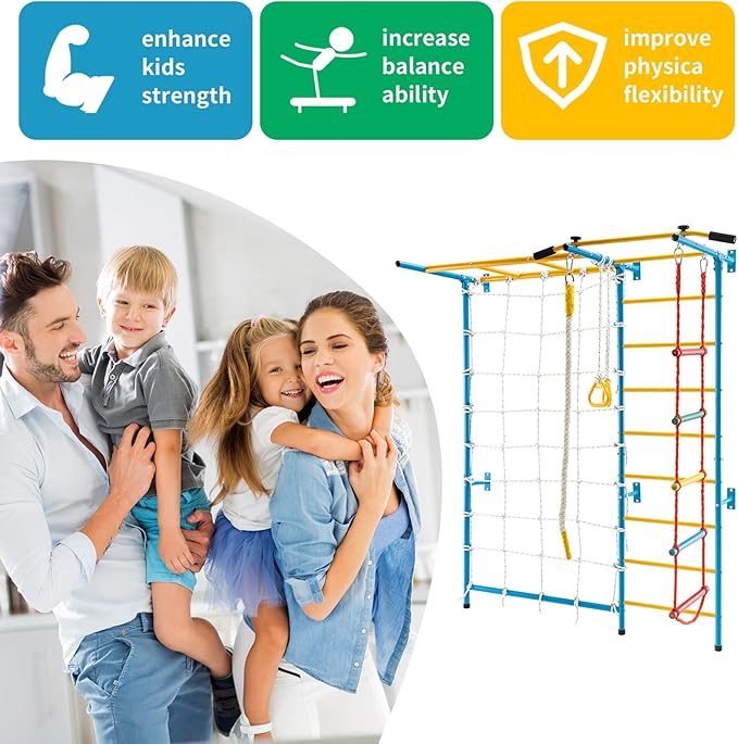 tongmo Climbing Toys for Kids, Upgrade Metal Indoor Gym for Exercise, Playground and Climbing Set with Rope Ladder, Rope Wall, Pull-up Bar, Wall Ladder, Monkey Bars, Rope and Gymnastic Rings