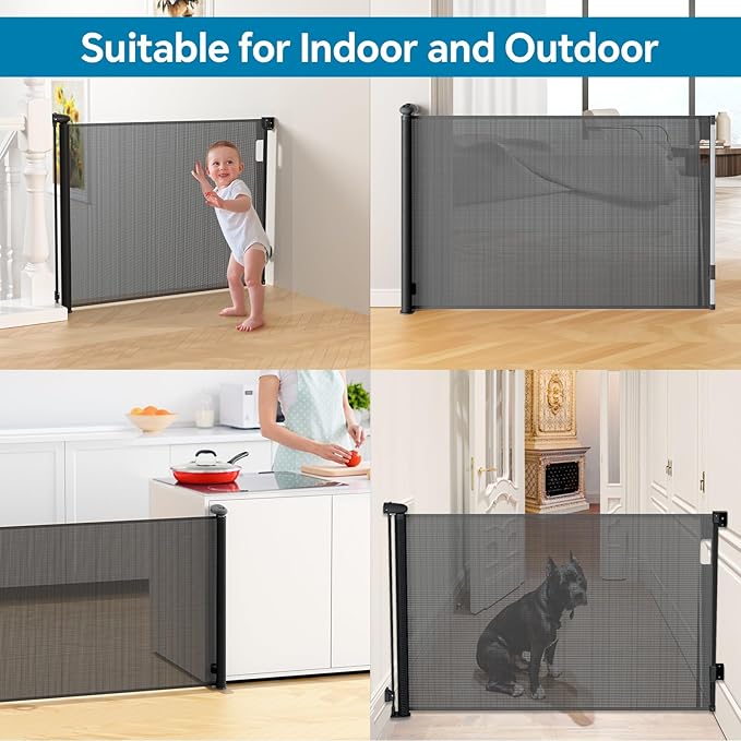 Bulubaky Extra Tall Safety Retractable Baby Gate Adjustable Wide Retractable Dog Gate Mesh Baby Gate Child Gate for Doorway, Hallway, Stair Gates for Kids or Pets (Black, 42" Tall x 55" Wide)