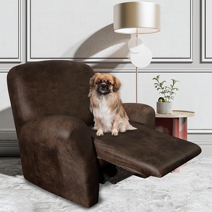Leather Look Recliner Chair Covers Stay in Place 4-Piece Lazy Boy Recliner Slipcovers for Reclining Chair Furniture Protector Spandex Fabric Washable (Large, Dark Brown)