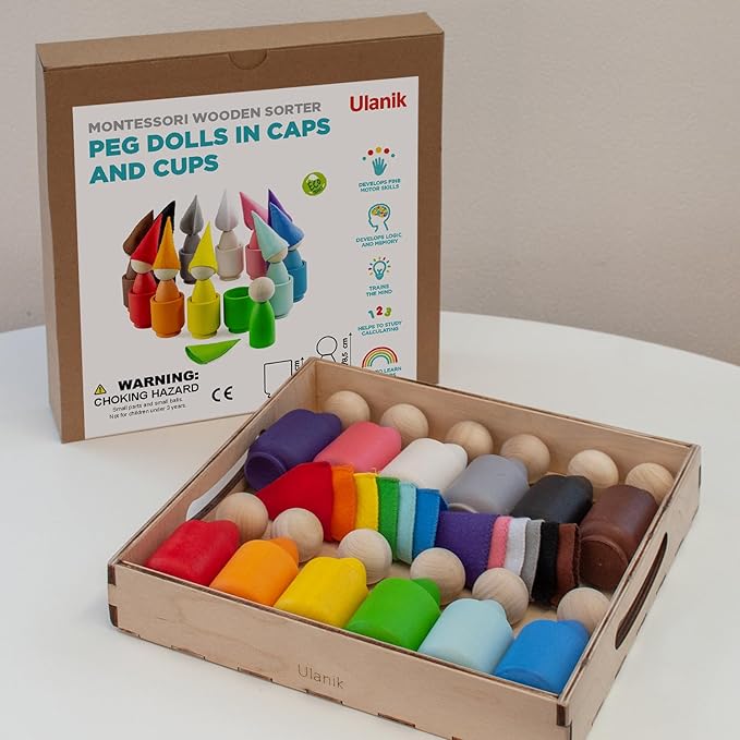 Ulanik Large Peg Dolls in Cups with Hats Toddler Montessori Toys for 3 Year Old + Wooden Waldorf Dolls for Learning Color Sorting and Counting β 12 Gnomes