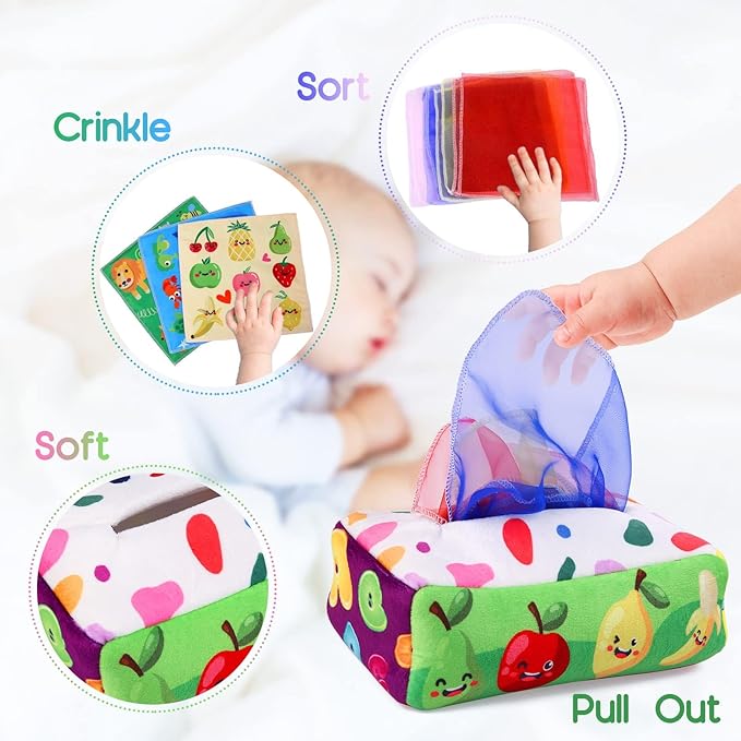 YOGINGO Baby Toys 6 to 12 Months - Tissue Box Toy Montessori for Babies 6-12 Months, Soft Stuffed High Contrast Crinkle Infant Sensory Toys