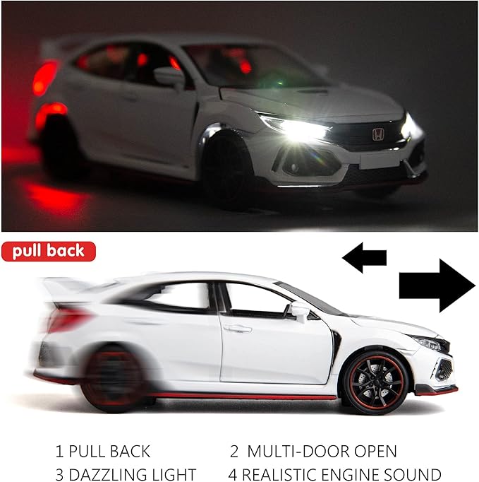 Compatible for 1:32 Diecasting Alloy Honda Civic Type-R Car Model Toy Car,Pull Back Alloy Car with Lights and Sound, Open Door for Kids Gift 3-5,Children‘s Gift