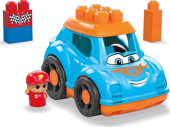 Mega BLOKS First Builders Toddler Building Blocks Toy Set, Ricky Race Car with 6 Pieces and Storage 1 Figure, 1+ Years