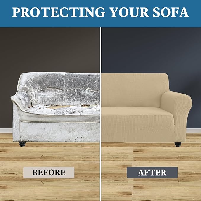 100% Waterproof Jacquard Fabric Couch Cover, Dual Layer with TPU Film, Leakproof High Elasticity Non-Slip Washable Furniture Protector for Pets, Dogs, Cats and Kids (Loveseat,Natural Color)
