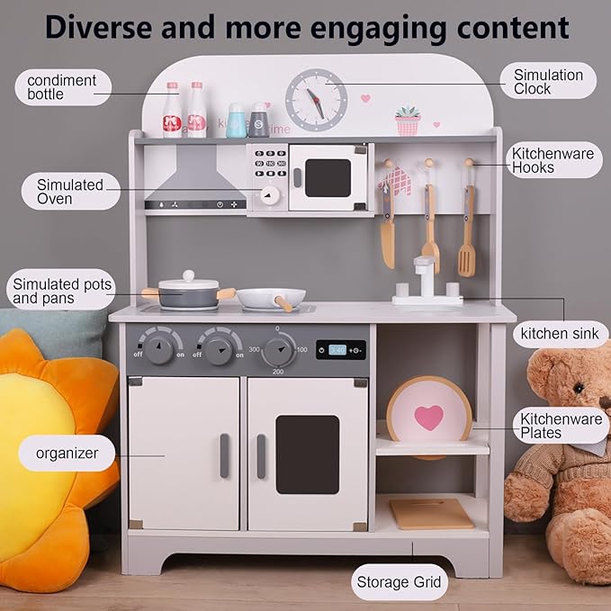 Wooden Kitchen Sets for Kids, Play Toddler Kitchen Playset, Chef Pretend Kitchen with Plenty of Play Features, Toy Kitchen with Toy Food & Cookware Accessories, Early Education Toy Gift for Boys Girls