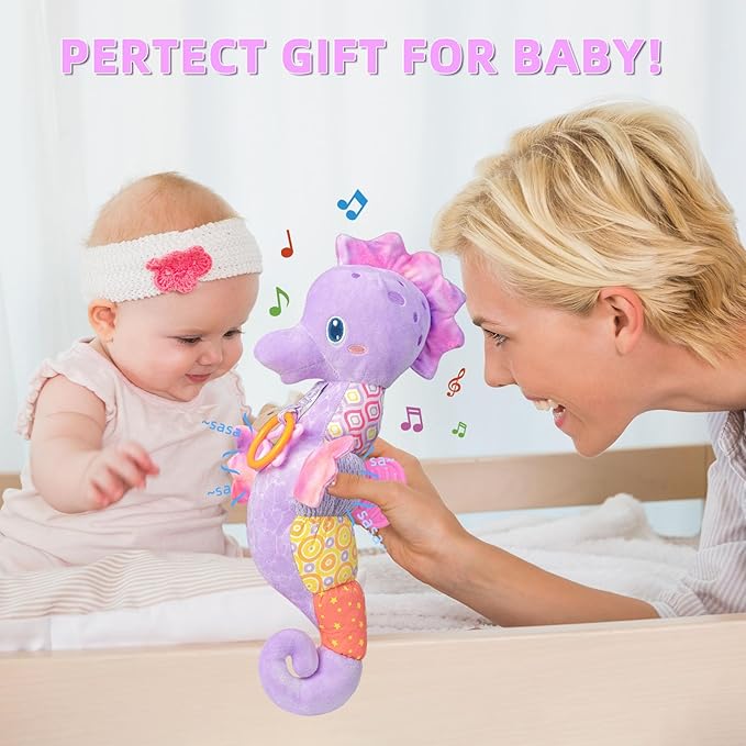 Baby Toys 0-6 Months,Infant Musical Seahorse Stuffed Animals Sensory Toys with Bright Colors 0-12 Months-Purple