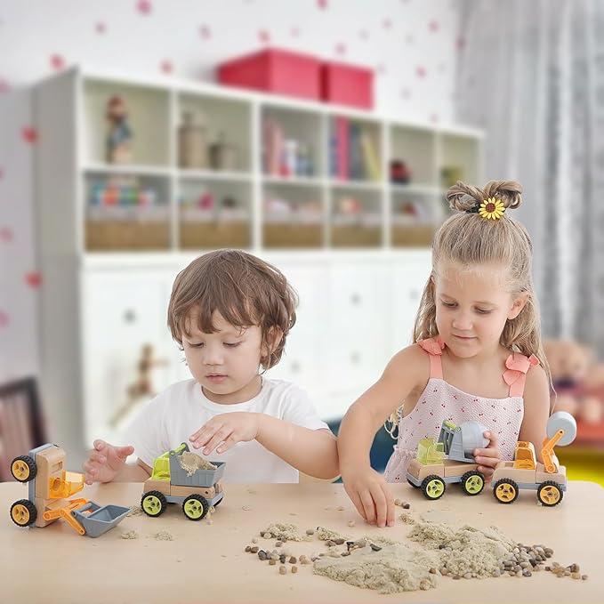 Wooden Construction Toy Trucks for Toddlers, 4PCS Mini Vehicle Toys Shovel 3 4 5 6
