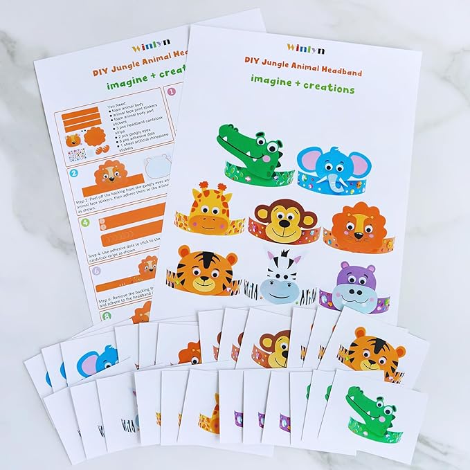 Winlyn 24 Sets Jungle Animal Headbands Craft Kits Safari Animal Crown Art Sets DIY Zoo Animal Party Headbands Animal Foam Stickers for Kids Jungle Safari Birthday Activities Party Favors Decorations