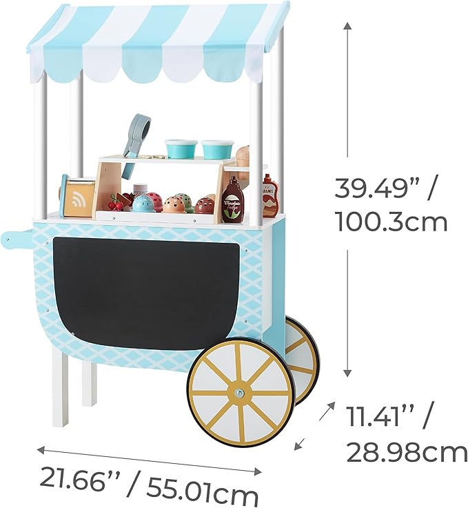Teamson Kids My Little Helper Ice Cream Cart with Pretend Money, Colorful Magnetic Ice Cream Scoops and Chalkboard Panel, Blue/White