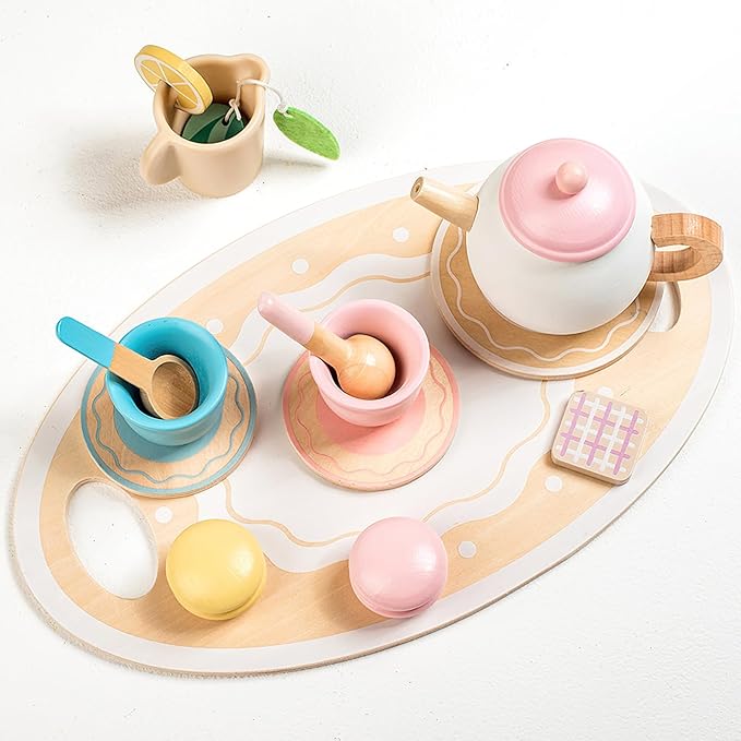 Wooden Dessert Cake Tea Party Set for Little Girls Toys, Pretend Play Kids Tea Set for Toddlers Wood Toys, Wooden Play Food Kitchen Accessories Sets for Kids