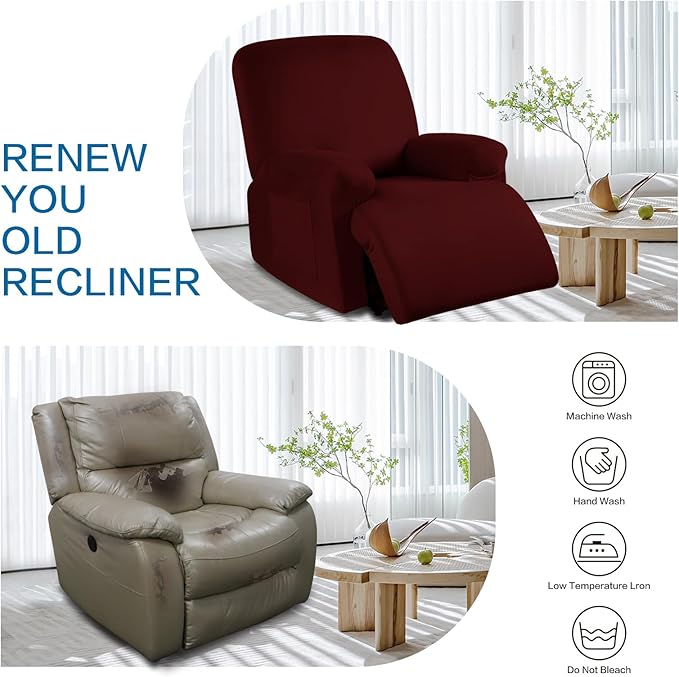 Soft Spandex Recliner Chair Covers, 4 Pieces Lazy Boy Recliner Cover for Recliner Chair, Stretch Cover for Recliner slipcovers Good Choice for All Seasons(XL,Wine Red)
