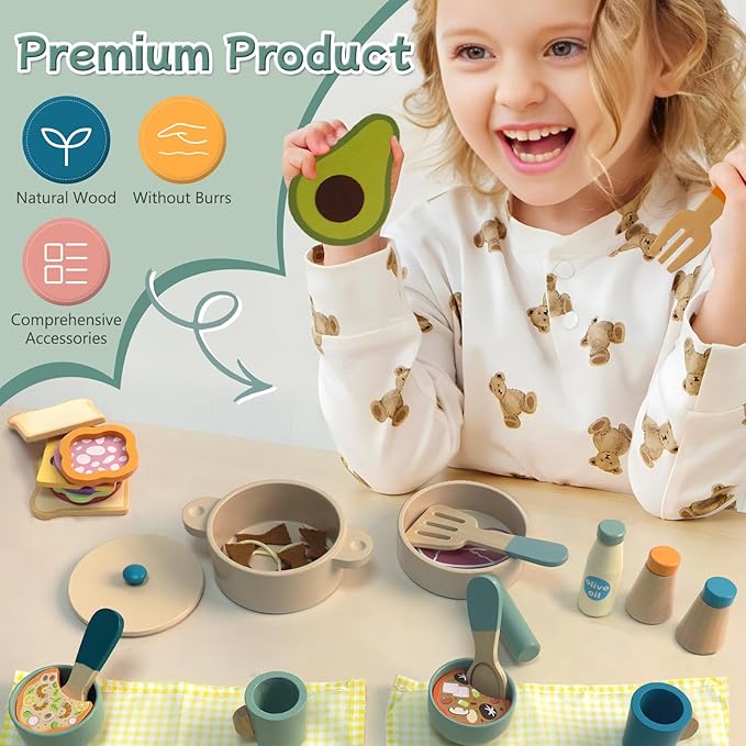 Wooden Kids Play Kitchen Accessories, Play Pots and Pans Sets for Kids Kitchen, Pretend Play Toys, Wooden Play Food Set, Kitchen Playset Accessories for Boys and Girls 3 4 5 6