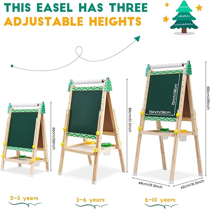 Wooden Art Easel for Kids with Paper Roll Height Adjustable Standing Easel Double-Sided Easel with Whiteboard Chalkboard Storage Tray Painting Accessories Gift for Boys Girls Toddler Ages 3+