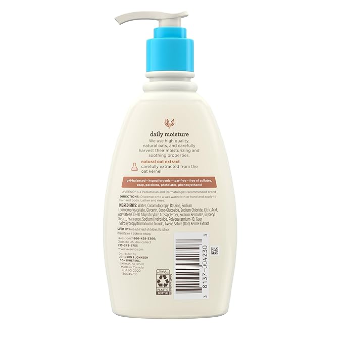Aveeno Baby Daily Moisture Gentle Body Wash & Shampoo with Oat Extract, 2-in-1 Baby Bath Wash & Hair Shampoo 12 fl.