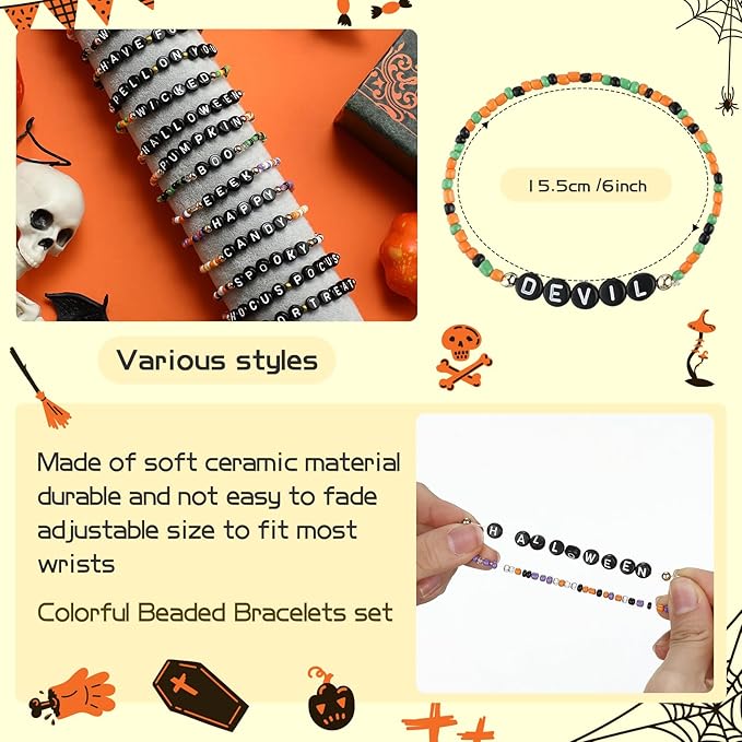 48 Pcs Colorful Kids Friendship Bracelet Set Adjustable Beads Bracelets Cute Friendship Princess Pretend Play Bracelet Stretch Beaded Bracelet Preppy Bracelets Set for Girls Women (Spooky)
