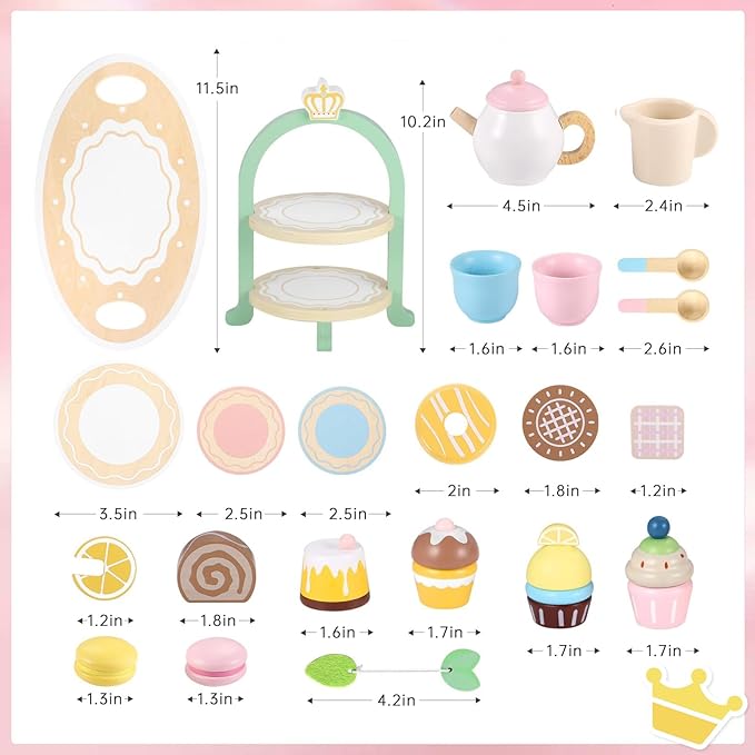 Wooden Tea Party Set for Little Girls, Toys Toddler Tea Set with Pretend Play Toy Cookies & Cake Stand, Kids Kitchen Playset Wooden Toys Birthday Gift for 2 3 4 5 6 Year Old Girls Boys