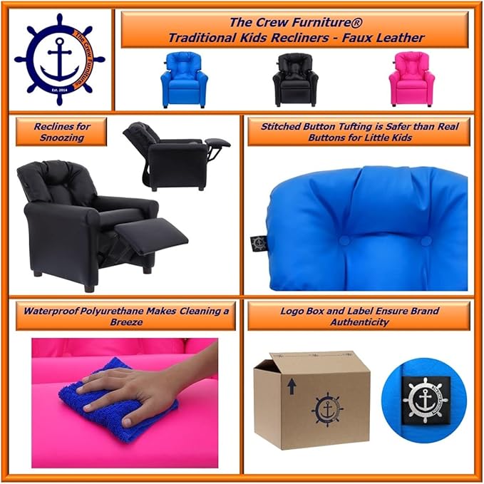 The Crew Furniture Traditional Kids Recliner, Toddler Ages 1-5 Years, Pu Faux Leather, Black