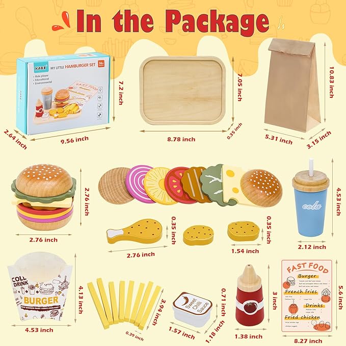 Wooden Pretend Play Fast Food for Kids,Play Food Sets for Kids Kitchen,Restaurant Play Set for Kids with Hamburger, Fries,Fried Chicken,Coke,Ketchup,Sauce,Gifts for 3 4 5+ Years Old