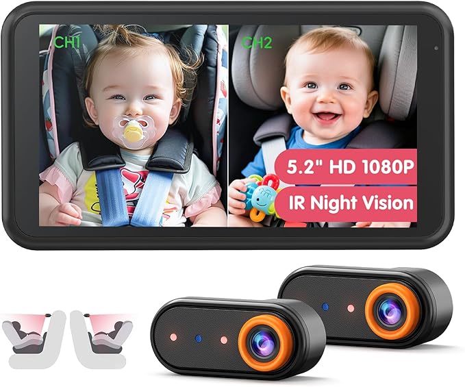 Baby Car Camera โ Dual 1080P Rear-Facing Monitor for 2 Kids with 5.2" HD Display, Night Vision, Easy Install & Anti-Shake Mount for Car Seat View