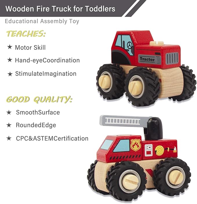 Construction Vehicles for Toddlers, 2 Pcs Wooden Detachable Assemble Cranes and Tractor 3 Years