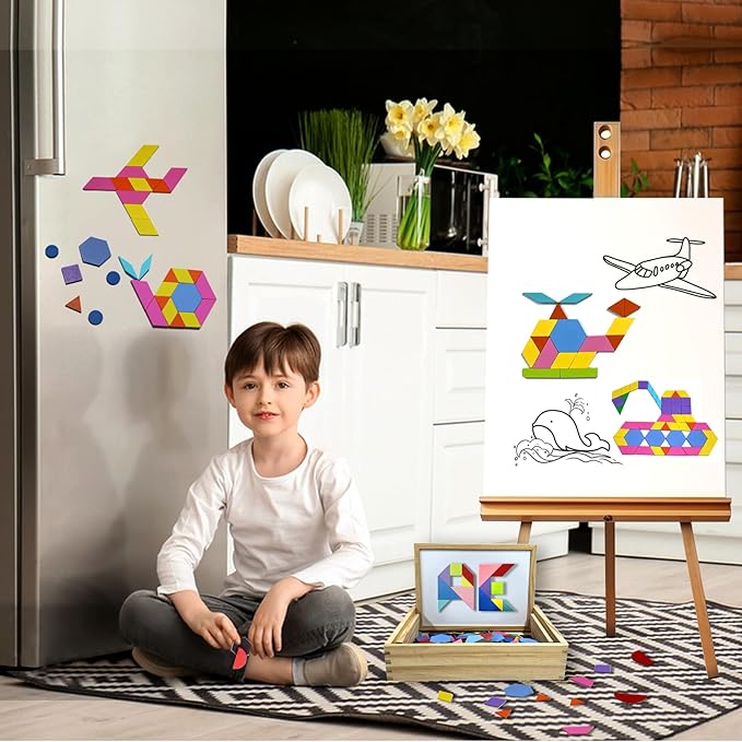 Wooden Pattern Blocks Set, 231 PCS Magnet Pattern Blocks, a Pattern Book and 9 Double-Sided Puzzle Cards, Tangrams for Kids Ages 3+, Early Math Geometric Shapes Concepts Learning Resource