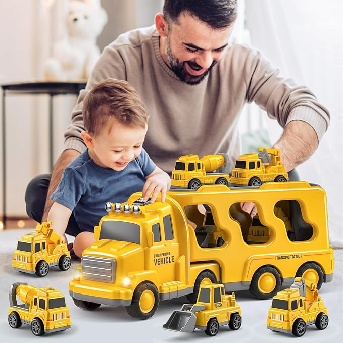 Construction Truck Toys Cars for Toddlers 3-5 - 5-in-1 Friction Power Vehicle Toy 3 4 5 6 Year Old Boys, Cranes Bulldozers Transport Trucks 3-9 Boys