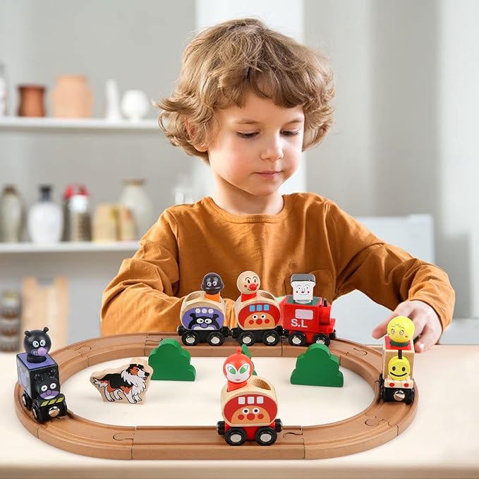 Wooden Train Tracks Set Toys, Train Toys with All-Wood Double Sided Train Tracks 3,4,5 Years