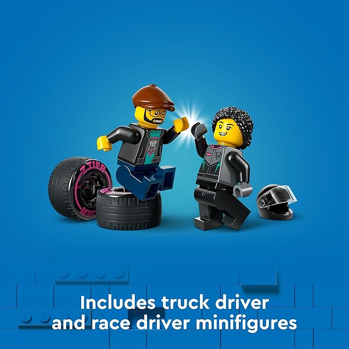 LEGO City Race Car and Car Carrier Truck Toy Playset, Vehicle Transporter with Adjustable Loading Ramp and Race Car Toy, Racer and Driver Minifigures, Fun Gift for Kids Ages 6 and Up, 60406