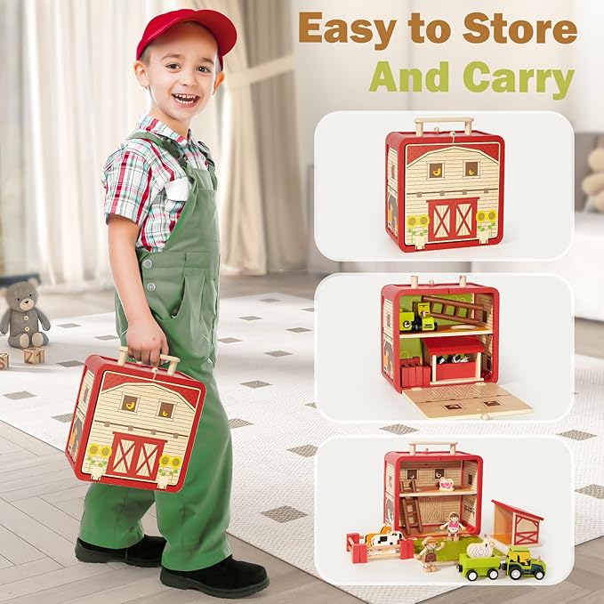 Toyssa Wooden Barn Farm Animals Toys for Toddlers 3-6 with Storage Box & Magnetic Tractor, Preschool Montessori Educational Learning Toys , Christmas Birthday Gift for Boys Girls Kids 2 3 4 5 6