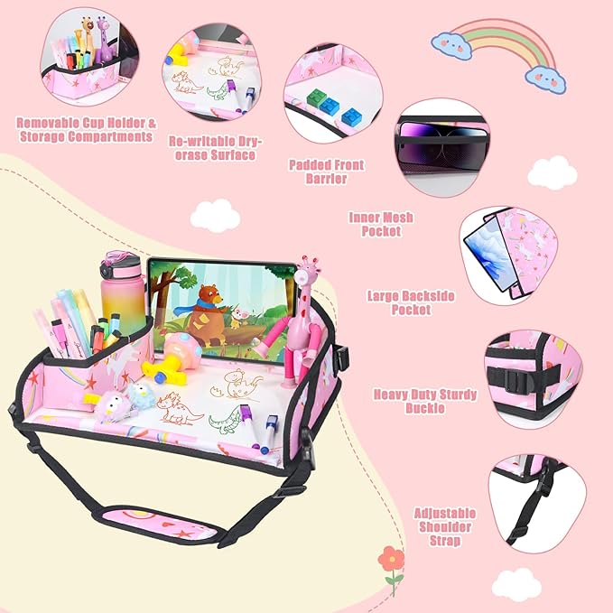 Upgraded Kids Travel Tray for Car Seat - Travel Tray for Airplane, Table Tray for Kids Travel Essentials, Toddler Lap Tray, Carseat Lap Desk for Kids Road Trip Activities, Pink Unicorn - 2 PCS