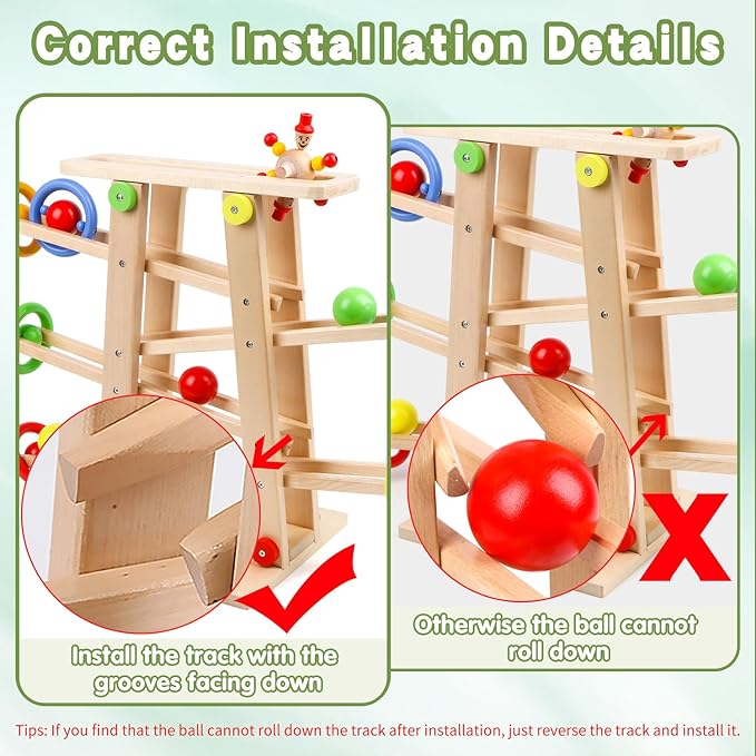 Qilay Wooden Wooden Race Track Toddler Toys for 1-3 Year Old Boy and Girl, Wooden Car Ramp Racer Toy Vehicle Set with 4 Balls & 5 Race Tracks
