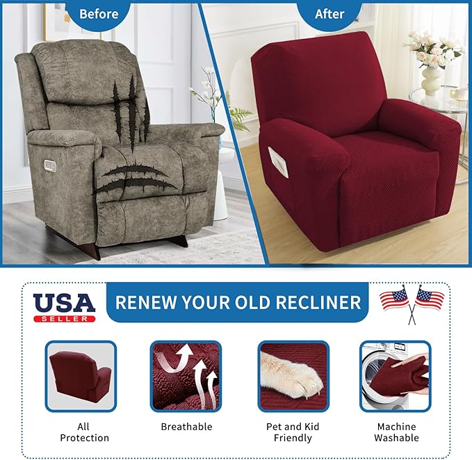 XINEAGE 4 Pieces Recliner Cover Stretch Jacquard Recliner Chair Covers Soft Recliner Slipcovers with Pocket for Kids and Pets, Washable Couch Cover (Recliner, Wine Red)