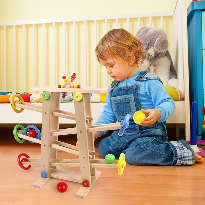 Qilay Wooden Wooden Race Track Toddler Toys for 1-3 Year Old Boy and Girl, Wooden Car Ramp Racer Toy Vehicle Set with 4 Balls & 5 Race Tracks