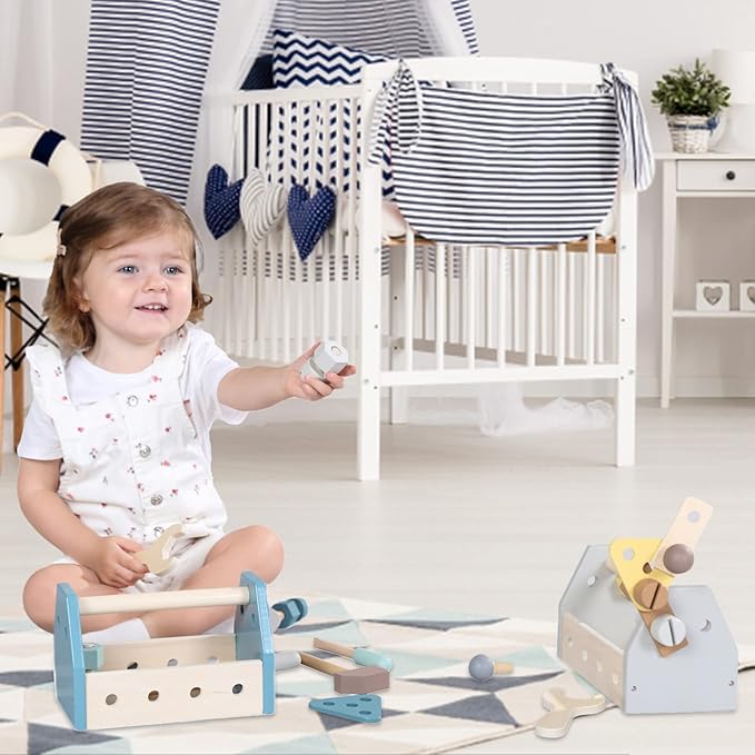 Montessori Wooden Tools Toddler Educational Construction Kids Toys Sets Play Box Preschool Play Tool(Blue)