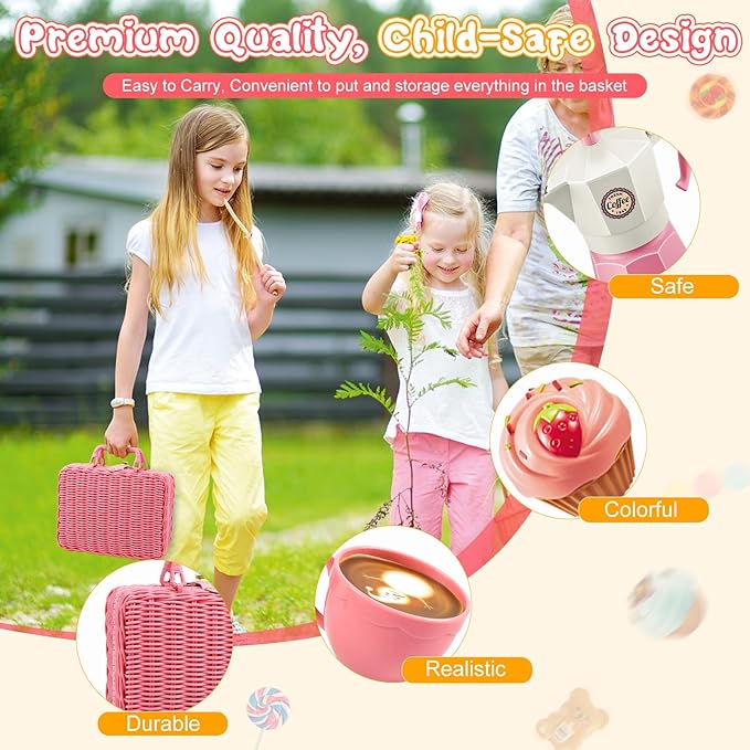 Tea Party Set for Little Girls, 30 Pcs Picnic Basket Set with Carry Case, Teapot, Tea Cup, Dessert & Table Cloth, Pretend Play Toy Gifts for Kids 4 5 6 Year Old (Pink)…