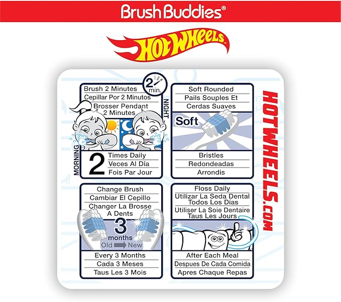 Brush Buddies Hot Wheels Manual Soft Bristled Toothbrush for Kids, Multi-Colored & Fun Toddler Toothbrushes, Anti-Slip Grip Handle, Children's Toothbrush, Kids Travel Toothbrush, 3 Pack